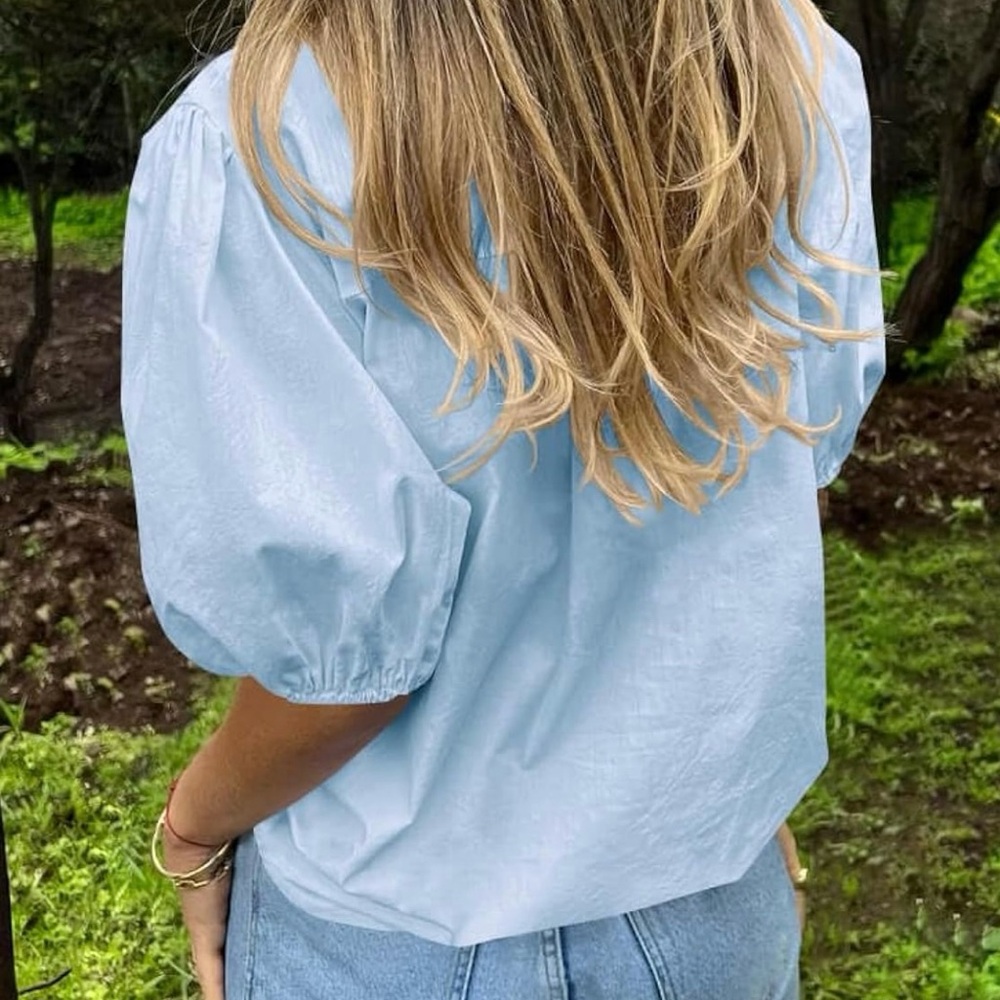 Light Blue Puff Sleeve Women's Top